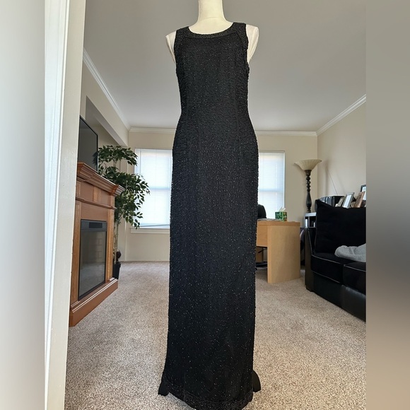 Lawrence Kager 100% Silk Embellished Sequined Dress  Back Slit Sz M Demure - Picture 1 of 15